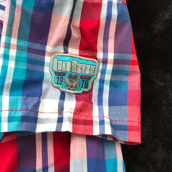 Quad Seven Boys Plaid Short Sleeves Button Up Down Shirt Red Blue Pockets Collar - Picture 8 of 10